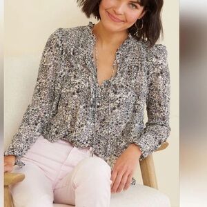 Free People Floral Smocked Yoke Blouse in Black and White